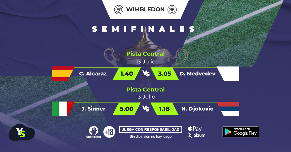 Semifinales Wimbledon: Alcaraz-Medvedev y Djokovic-Sinner